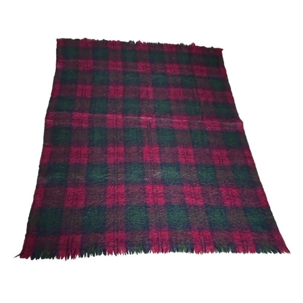 CUSHENDALE Ireland Vintage Mohair Wool Plaid Throw Blanket Burgundy Blue Green